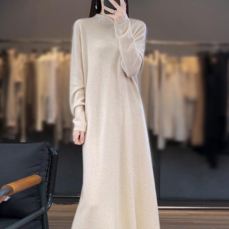 Women's Cashmere Dress Qinghe Cashmere 70% Wool 30% Cashmere Women's Autumn and Winter Cashmere Dress Soft and Warm