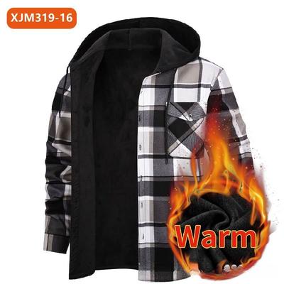 Men's Winter Plush-Themed Hooded Shirt Jacket - Thickened Button-Front Outdoor Coat with Pockets, Loose Fit Casual Blazer
