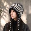 In Early Winter, the New Retro Striped Color Matching Fringed Braid Knitted Hat, Thermal Ear Protection, Headgear, and Small Wool Hat Showing T