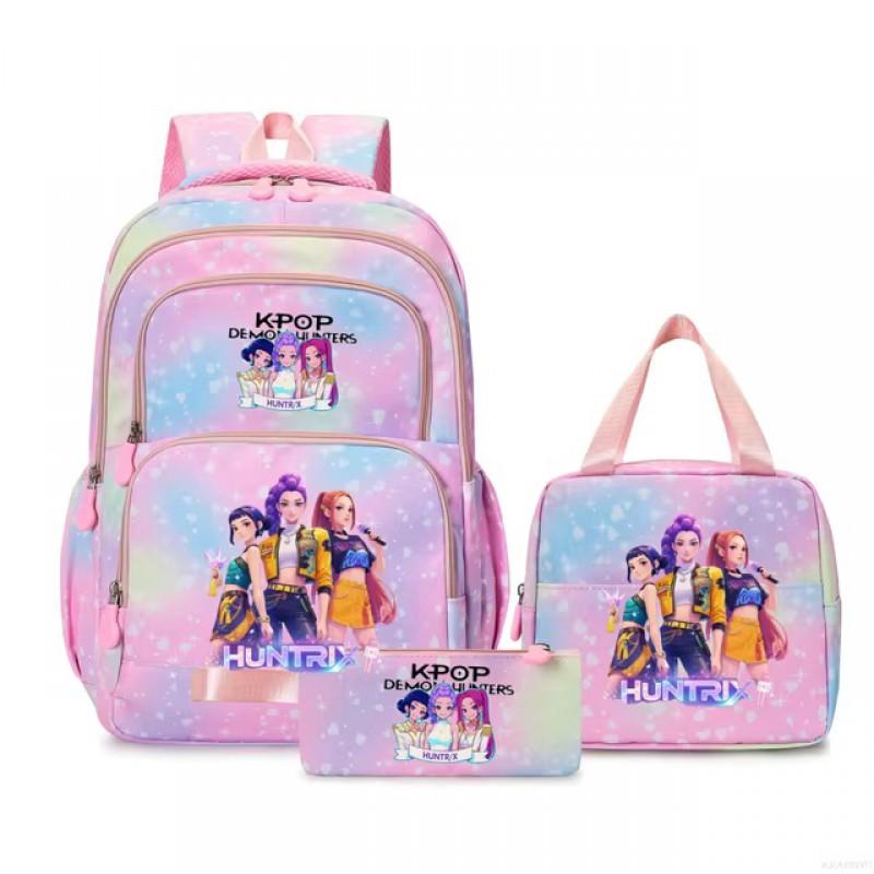 K-Pop Inspired Cartoon School Backpack Set Teen Girls 3pcs Lunch Bag Main Pencil Case Arc Shoulder Straps British Style