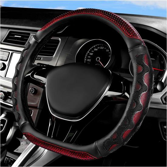 Car Steering Wheel Cover, 15 Inches Leather Comfy Grip Steering Wheel Protector with 3D Honeycomb, Anti-Slip D-Shaped Wheel Wrap Cover for Most
