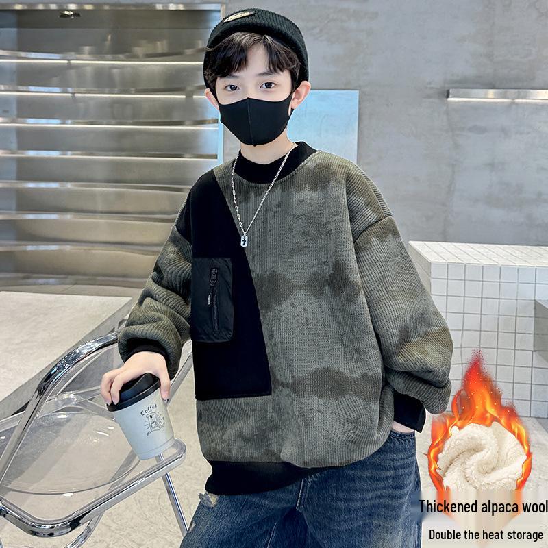 

Boys Fleece-Lined One-Piece Sweatshirt - 2025 Autumn/Winter Trend for Older Kids 130cm, suitable for 120cm height