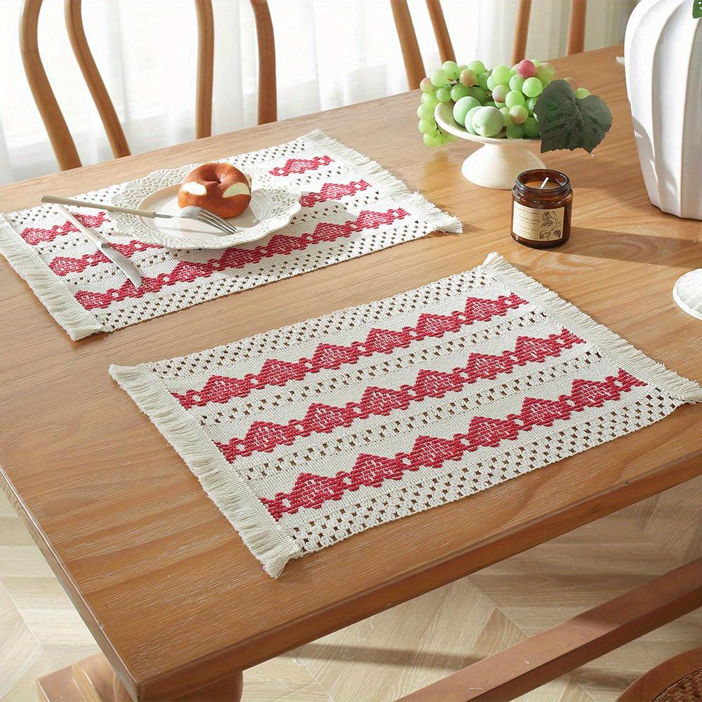 1Pc Woven Colorblock Striped Tassel Cotton Linen Rope Placemat for Holiday Home Party Tabletop Decoration
