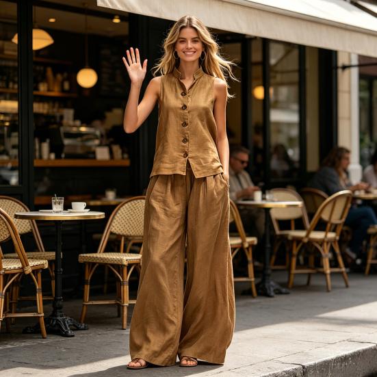 Conjuntos de 2 Peças Femininos Sem Mangas, Conjunto Combinando Casual com Top Regata de Botão e Calça Wide Leg, Roupas para Viagem, Férias e Lounge