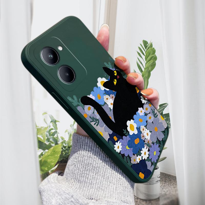 Módní pouzdro na telefon s černou kočkou pro iPhone 15 14 13 12 11 Samsung Galaxy S23 S22 A52 A52S Měkké pouzdro se čtvercovým krytem z tekutého silikonu s plnou ochranou