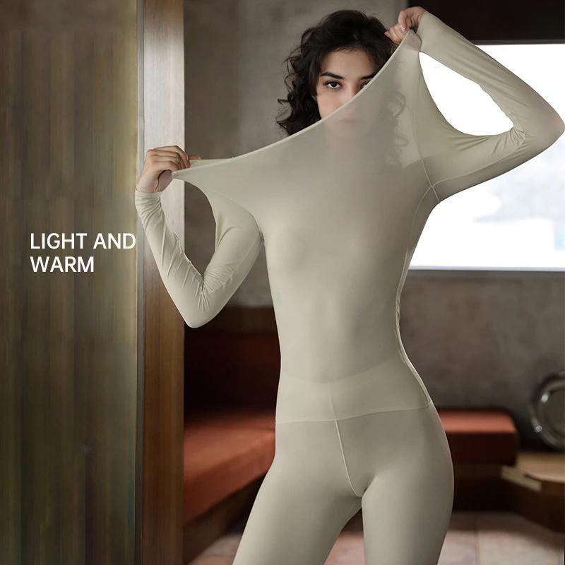 Thermal Underwear Set For Women Lightweight Seamless Long Sleeve Top Warm Lingerie Ladies Winter Sleepwear Tight U Neck Shirts