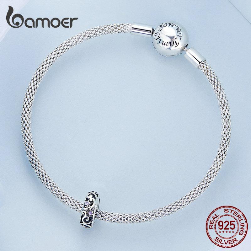 Bamoer 925 Sterling Sølv Vintage Tekstur Lilla Zirkonium Anheng passer Kvinner DIY Armbånd & Armring Perle Glansfulle Perle Charms