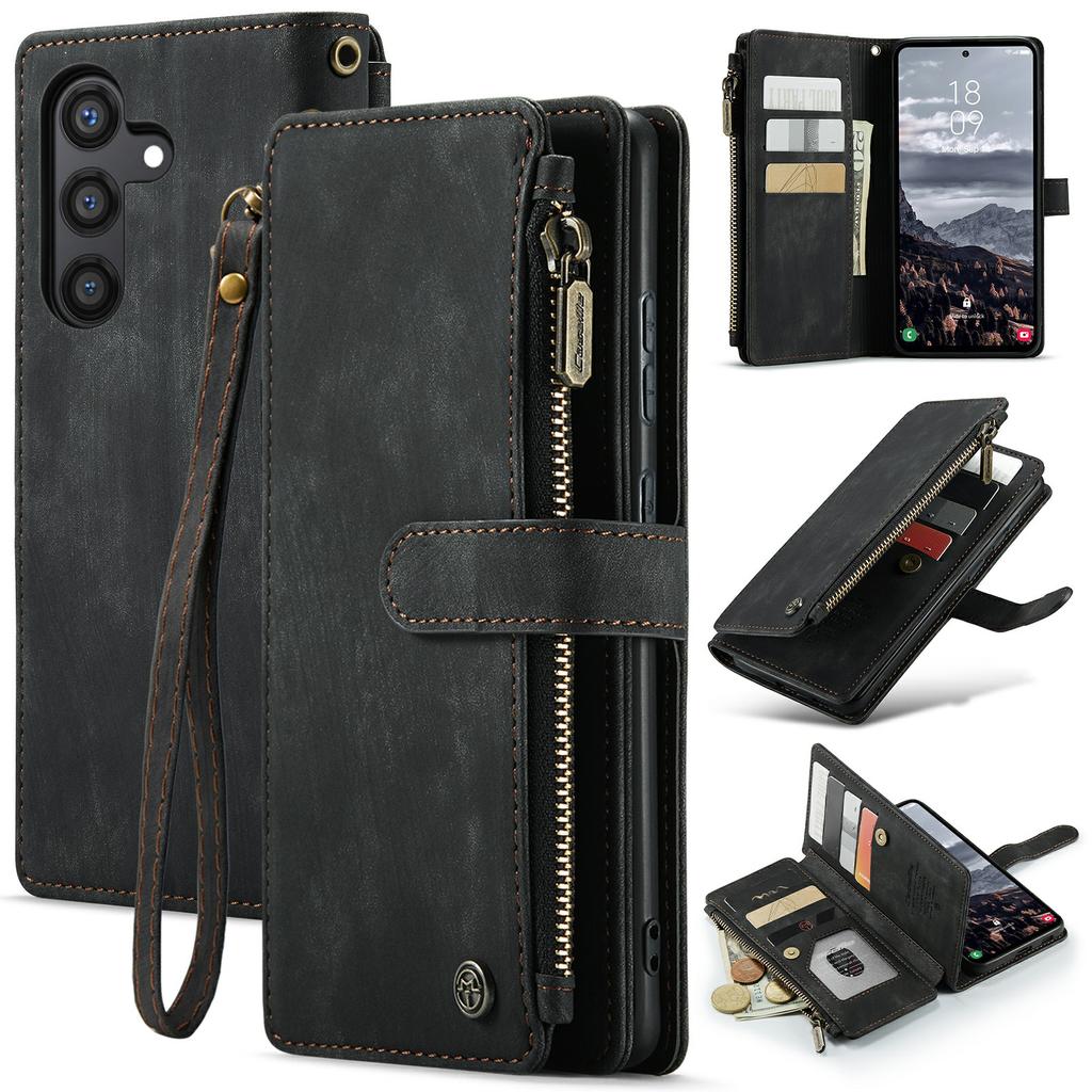 For Samsung Galaxy S24+ Phone Cases with Strap CASEME C30 Zipper Multiple Card Holder PU Leather Cover