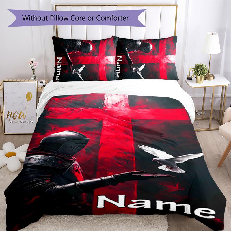 3pcs Custom Name Cartoon Knights Templar Bedding Set Duvet Cover Closure Includes 1 Duvet Cover & 2 Pillowcases for All Seasons Bedroom Decor