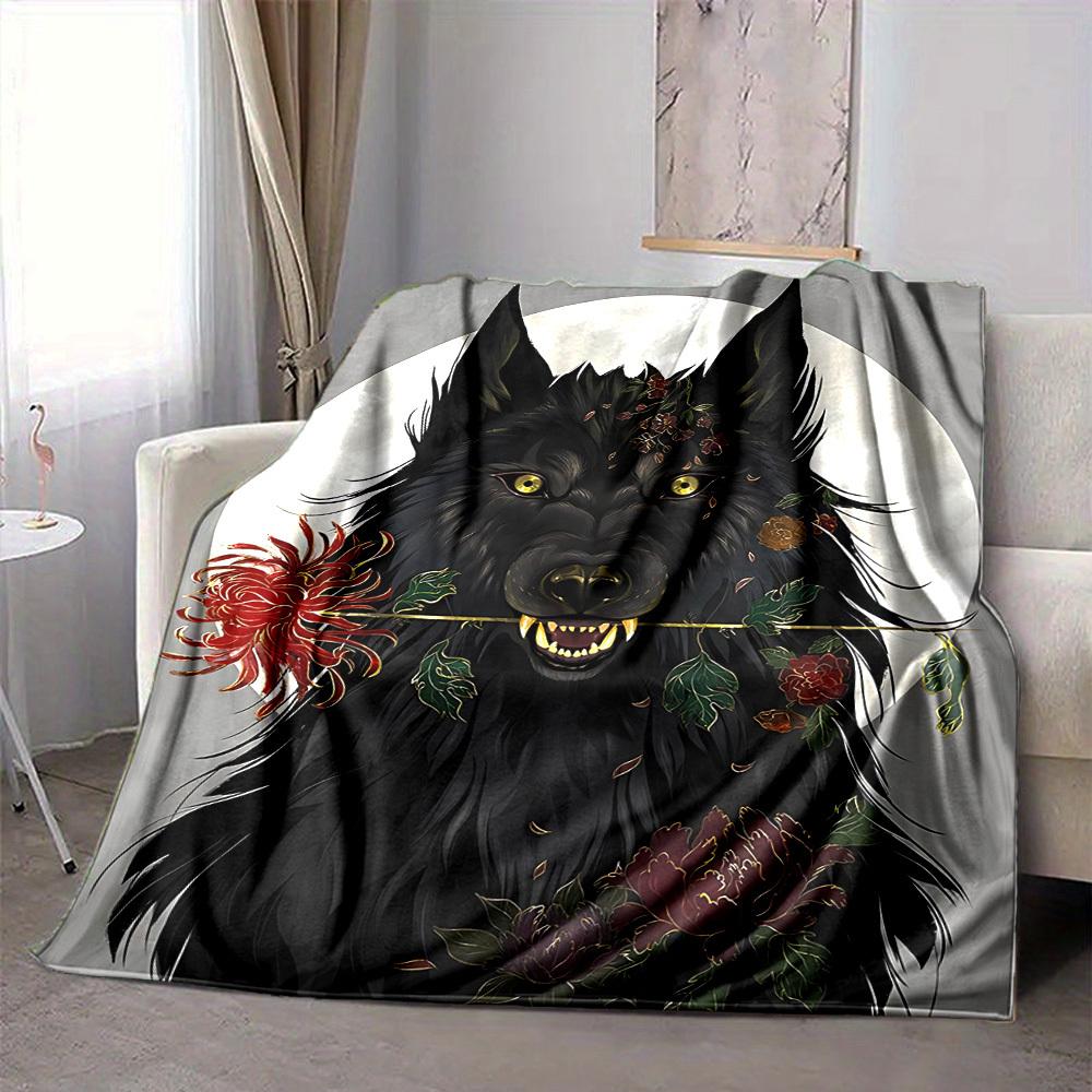 1pc Wolf Flowers Blanket, Lightweight Flannel Throw Blanket For Sofa, Bed, Travel, Camping, Living Room, Office, Couch, Chair, And Bed