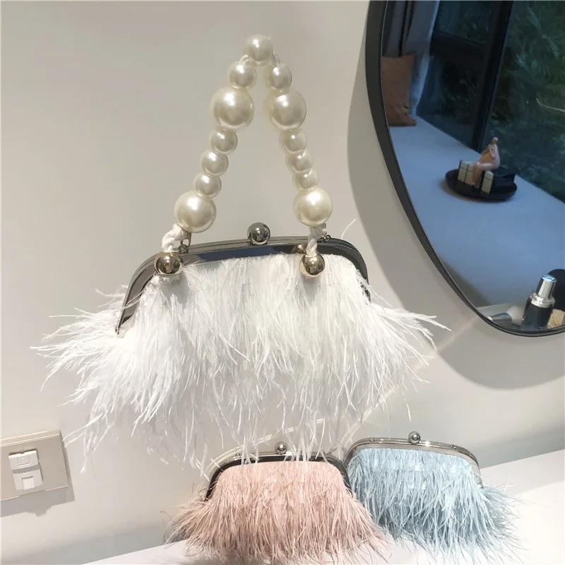 2025 Luxus Mode Damen Tasche Straußenfell Feder Quaste Abendtaschen Damen Tages Clutches Party Hochzeit Geldbörsen Kette Handtasche