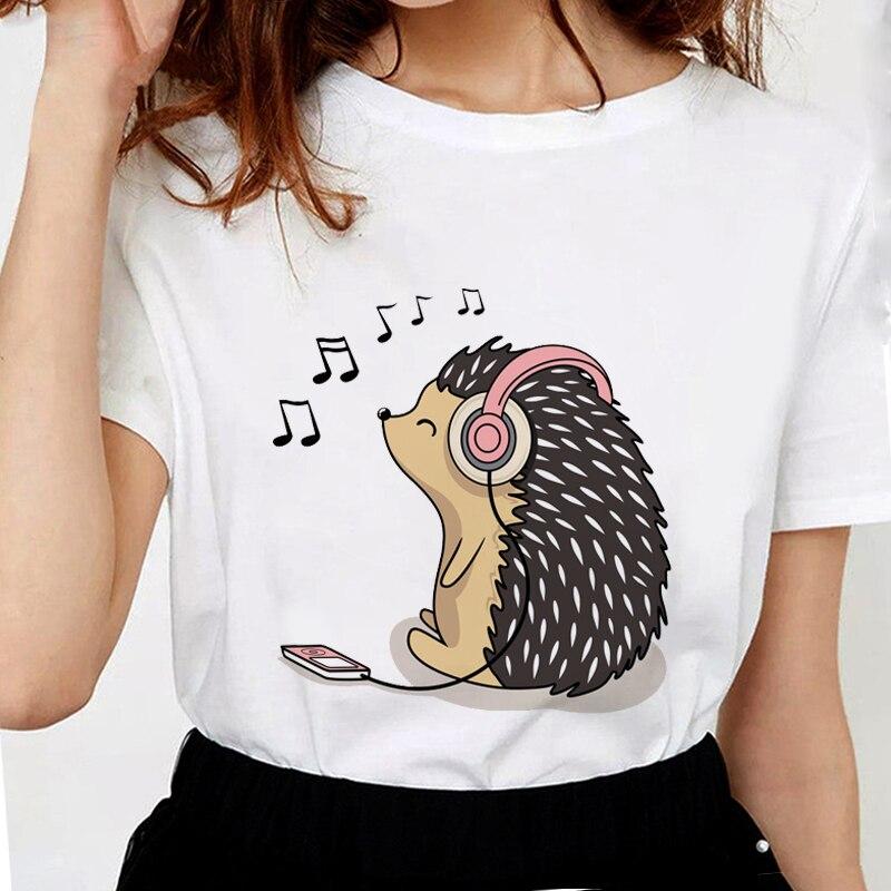 

Симпатичные Ежик футболки женщин Мультфильмы Графические Тис женщины Мягкий хлопок Белые топы Поддержка пользовательских футболку