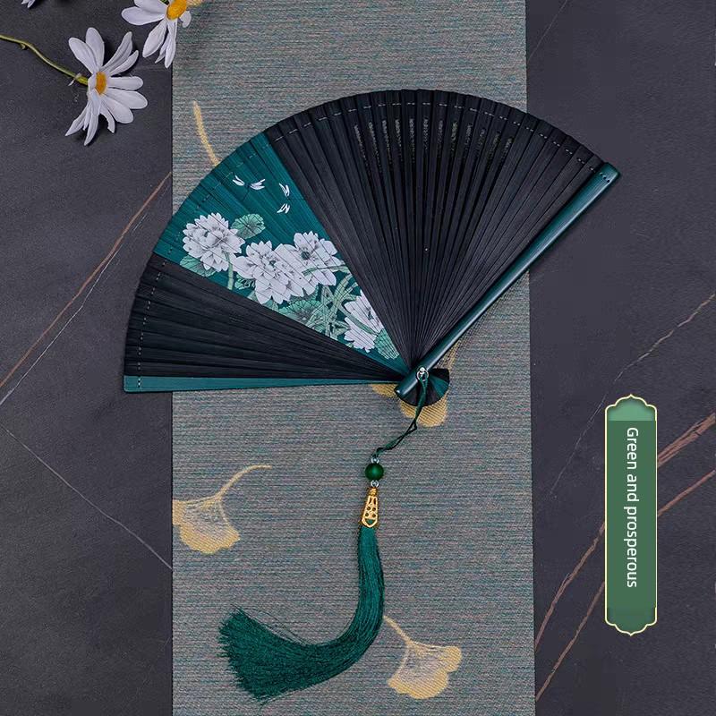 Chinese Style All-Bamboo Classical Fan for Women, Japanese-Style Ancient Classical Black Folding Fan, Bamboo Fan for Hanfu Dance, Portable and Easy
