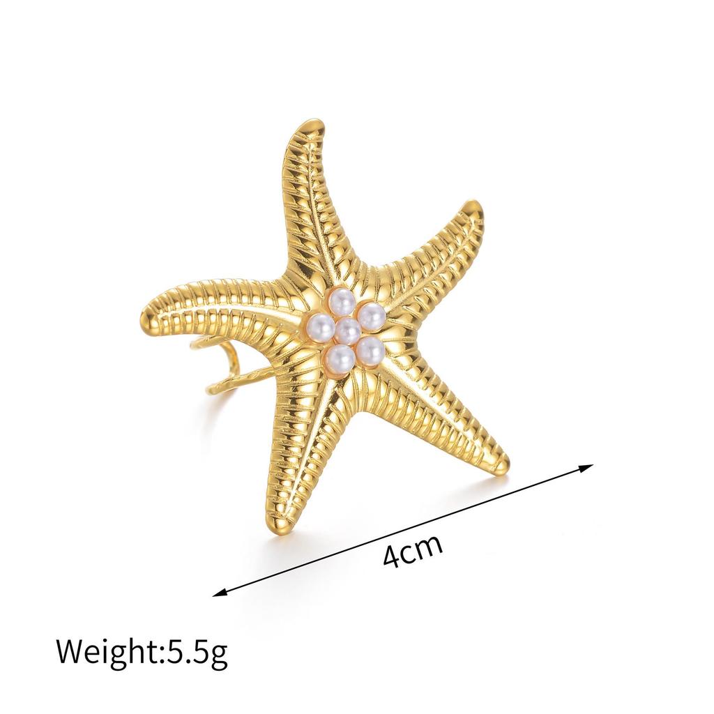 Anello Aperto INS Moda Acciaio Inossidabile Stella Marina Perla - Anello Dito Esagerato Placcato Oro 18K da Donna