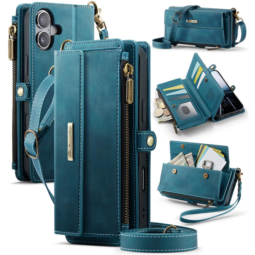 For iPhone 16 Plus CASEME C39 RFID Blocking Zipper Wallet Stand Leather Cover with Strap