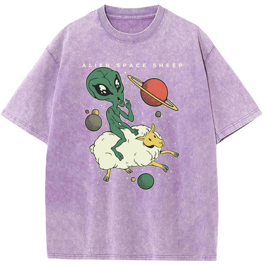 

Инопланетянин верхом на овце космическая футболка мужская и женская повседневная модная летняя футболка винтажная футболка с эффектом выварки 3XL
