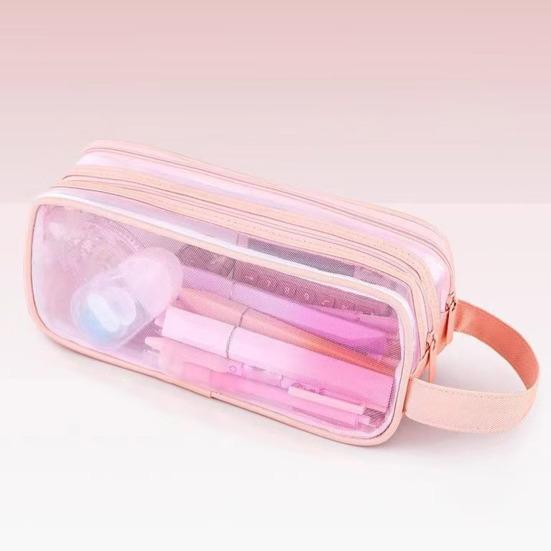 Transparent Mesh Pencil Case Large Capacity Double Layer Pen Bag for Students Lightweight Stationery Pouch for School Office Exams
