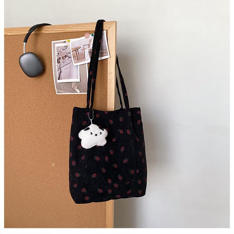 Versatile Corduroy Printed Tote Bag Student Class Make-Up Bag Large Capacity Shoulder Bag Strawberry Canvas Bag Bag