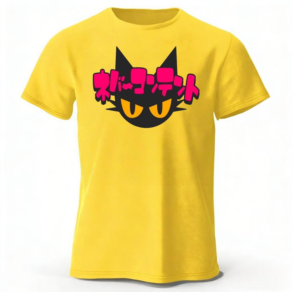 Japanese New Cyberpunk Neon Black Cat Pure Cotton Tshirt Mens Loose Oversized Short Sleeved Tshirt Casual Round Neck Top