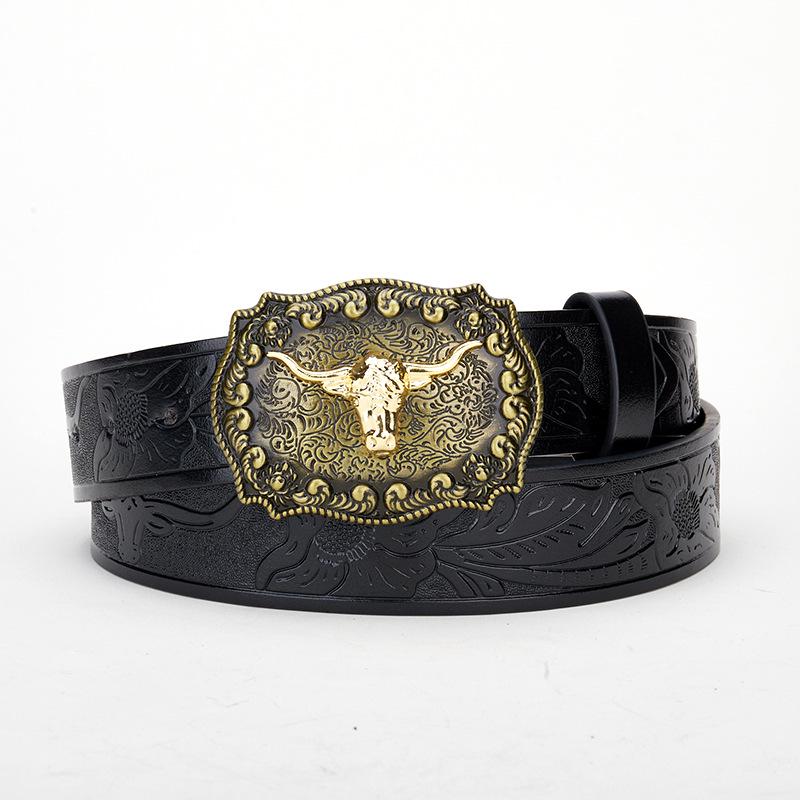 Men's Bull Head Western Leather Belt with Large Buckle