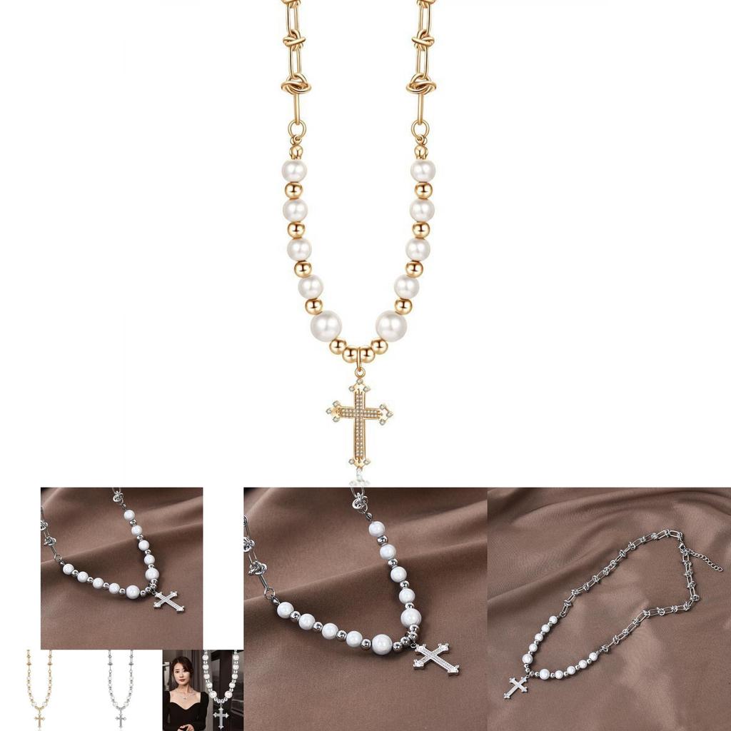 Luxurious Titanium Steel Cross Necklace For Men And Women With Handmade Design And Elegant Pearl Accents
