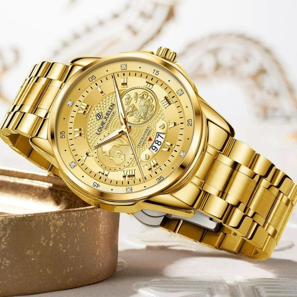 Luxury Gold Engraved Watch for Men Stainless Steel Waterproof Business Quartz Wristwatch with Date, Ideal Gift for Father's Day & Anniversaries