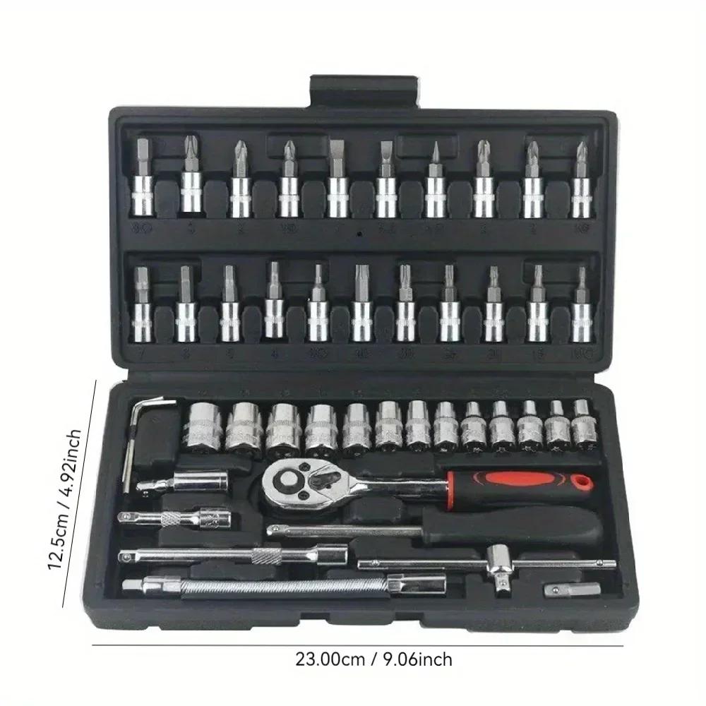 46pcs 1/4-Inch Car Repair Tool Kit - Socket Set with Ratchet & Torque Wrench Combo for Auto Repairing