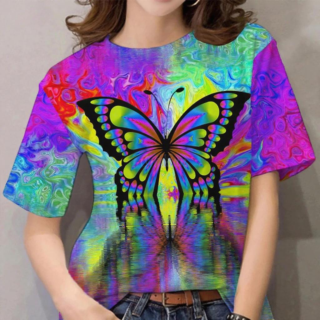 Summer Round Neck Butterfly Pattern 3D Print Top Fashionable Casual Short Sleeved Women's T-shirts