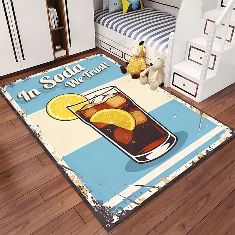 Retro Style Carpet with Soda Glass and Lemon Design Text Print Suitable for Use As an Anti-slip for Living Room Bedroom Sofas