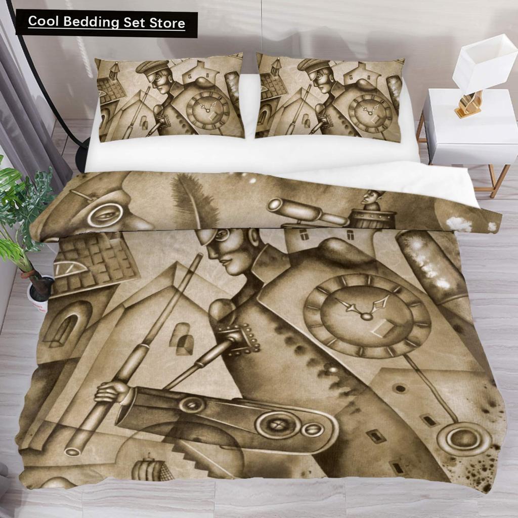 Golden Industrial Gear King Full Duvet Cover Steampunk Style Bedding Set Mechanical Device Quilt Cover Polyester Comforter Cover