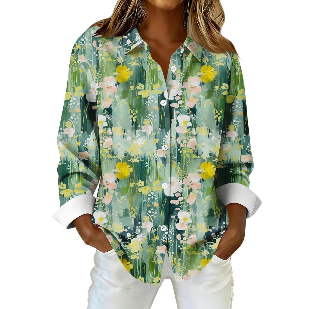 Women's Fashionable Casual Printed Long-Sleeved Button-Up Shirt