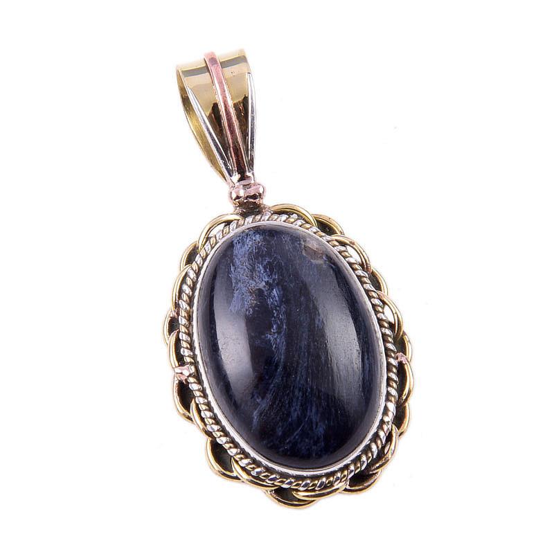 Pierre Précieuse Pietersite Naturelle Argent Sterling Massif 925 Bicolore Pendentif 1.50" K4m80