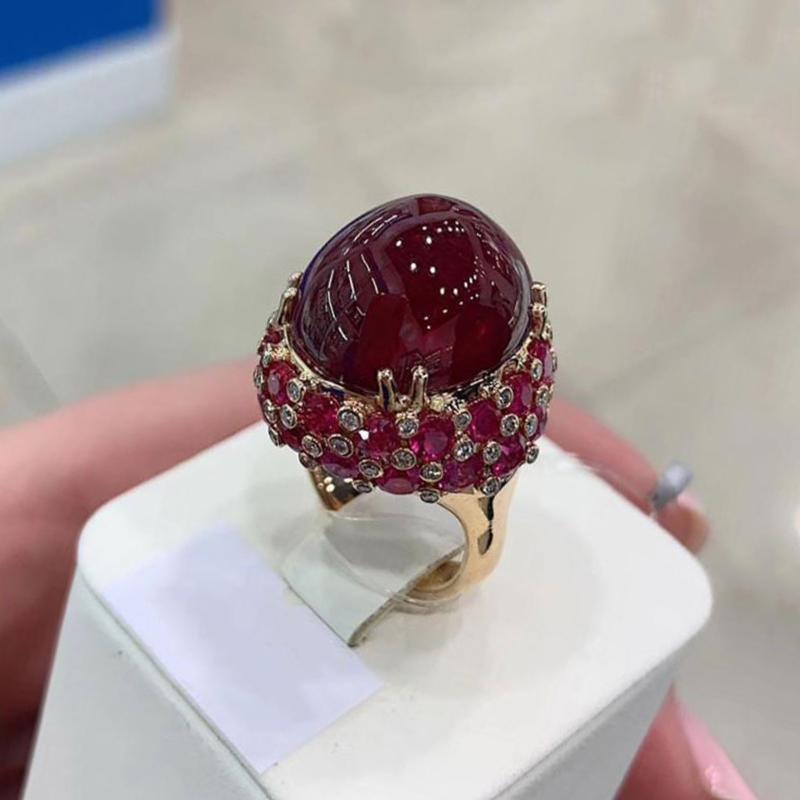 Lila Vergoldet 14K Roségold Eingelegter Ovaler Rubin Verlobungsringe Für Frauen Verstellbar Luxus Übertrieben Punk Schmuck