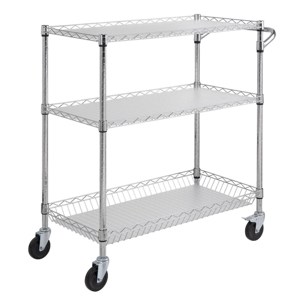 Kitchen Utility Cart, 3 Tiers, Wire Rolling Cart with 661LBS Capacity, Steel Service Cart on Wheels, Metal Storage Trolley with 80mm Basket Curved
