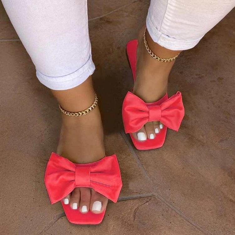 Fashion Women's Slippers Pink Leather Flat Slippers for Women Summer Square Toe Bow Sandals Woman Slides Outdoor Non-slip Beach Slippers