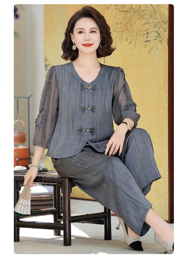 Plus Size Women's Summer Wide-Leg Pants Two-Piece Set for Middle-Aged and Elderly