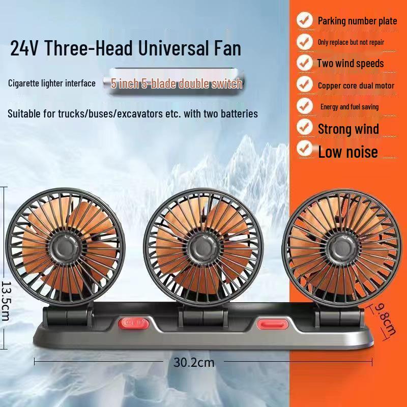 Powerful Silent 3-Head USB Car Fan, 24V for Trucks, 12V for Vans