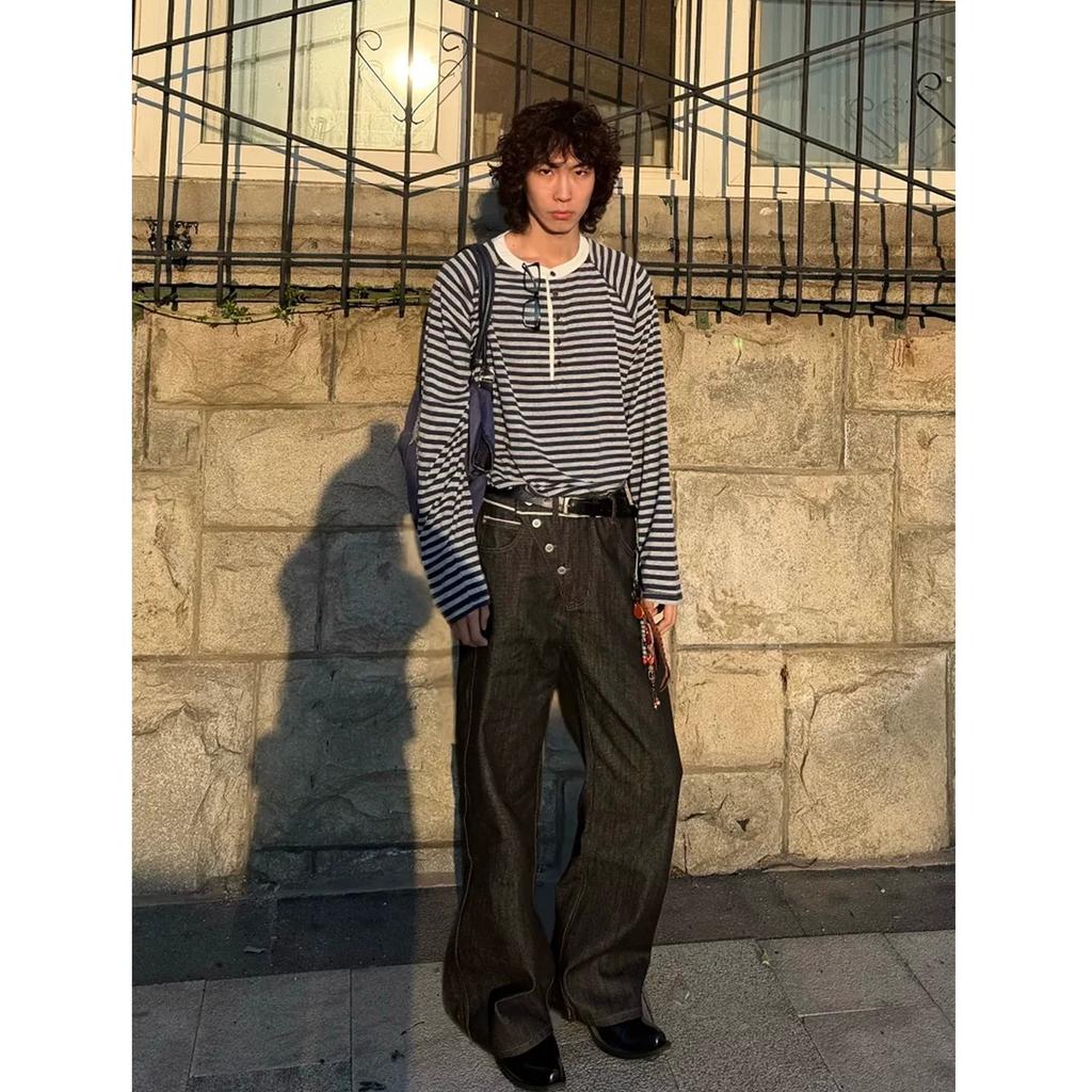 Primary Color Red Diagonal Buckle Jeans Men's Straight Loose Cleanfit Retro Washed Slightly Wide Leg Pants