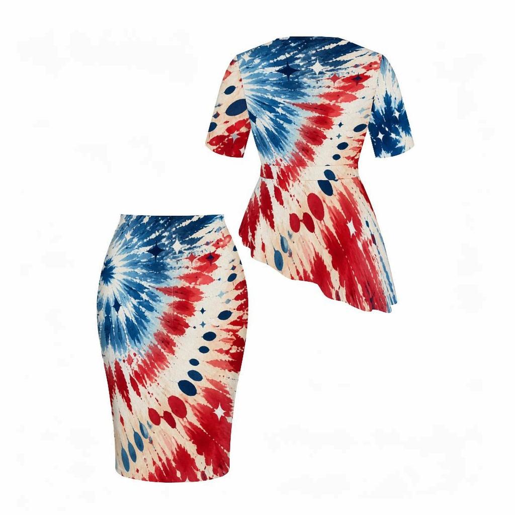Women Plus Size Round Neck Short Sleeve Navy Blue Printed Asymmetric Top Fitted Skirt Two Piece Set