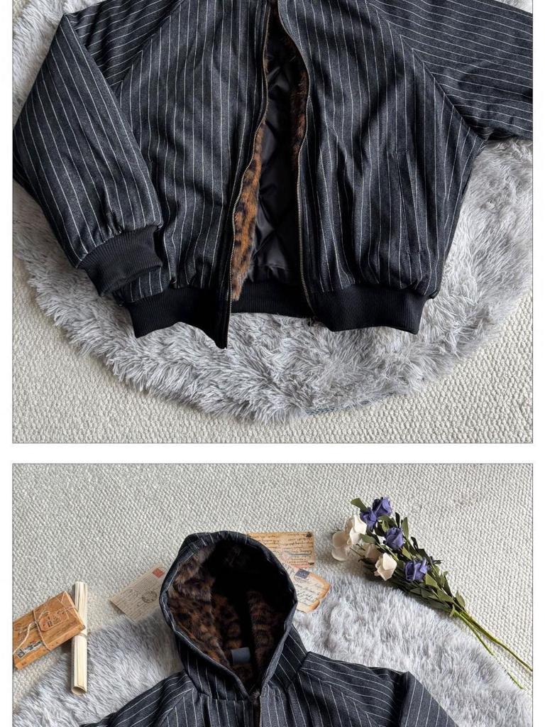 Unisex Hooded Winter Jacket with Vertical Stripes, Leopard Print Lining, and Color Block Patchwork.