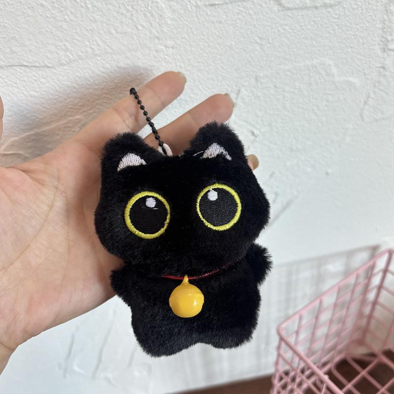 Cute Plush Big-eyed Black Cat Pendant With A Small Fish,Creative Couple's Bag Accessory,Little Black Cat Keychain