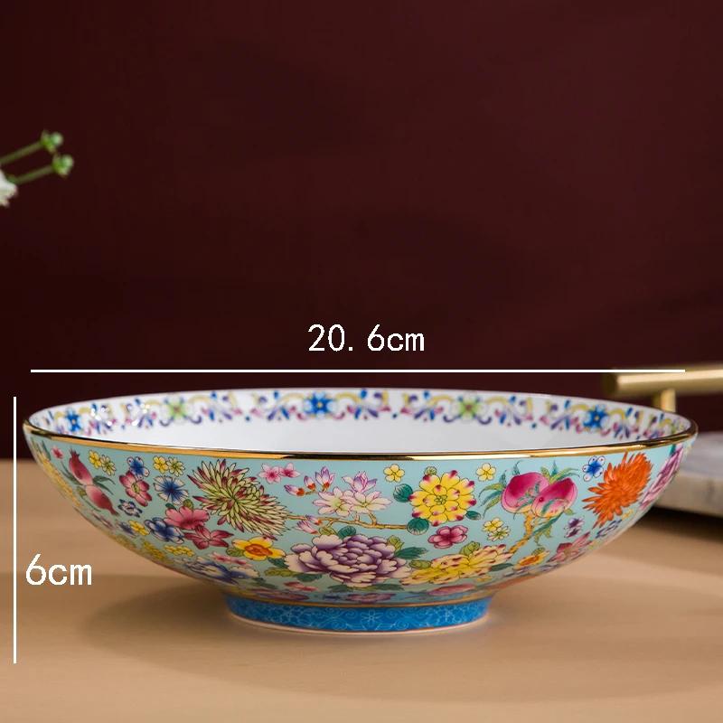 Gold Stroke 8 Inches Large Soup Bowls Salad Bowl Ceramic Plate Palace Style Restaurant Home Ten Thousand Flower Enamel Tableware