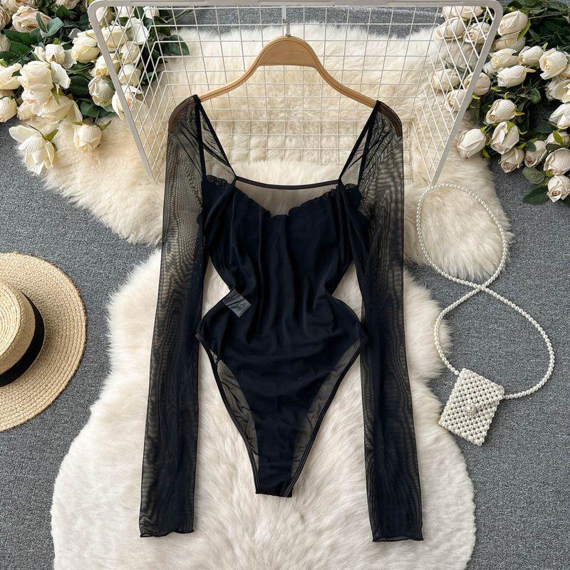 Pure Desire Wind Stitching Tube Top High Fork Jumpsuits Mesh