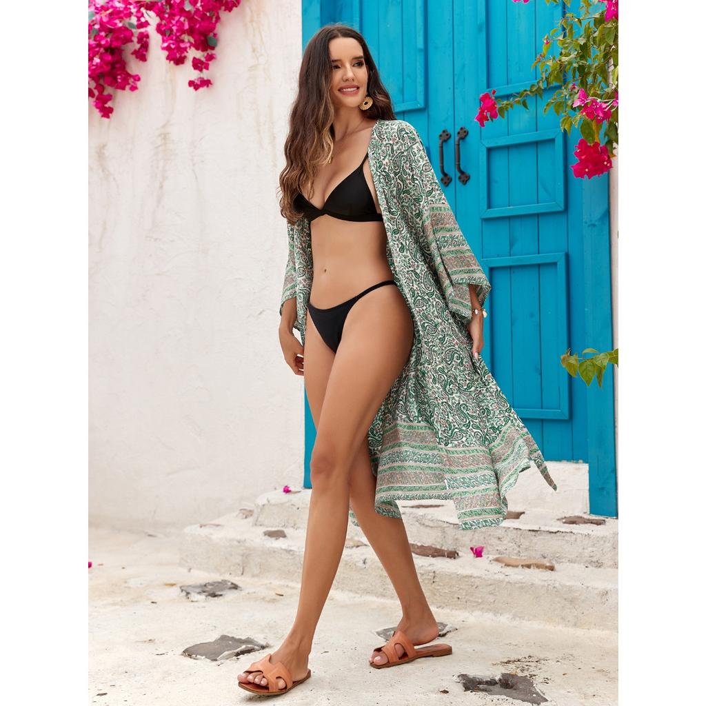 2 color cotton print vacation beach dress sexy belt dress sunscreen cardigan 3827
