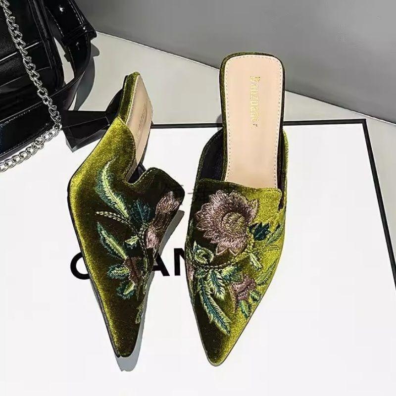 Embroidered Flower Bag Head Half Slippers Summer New Pointed High-heeled Cheongsam Temperament Slippers Women's Summer Outer Wear