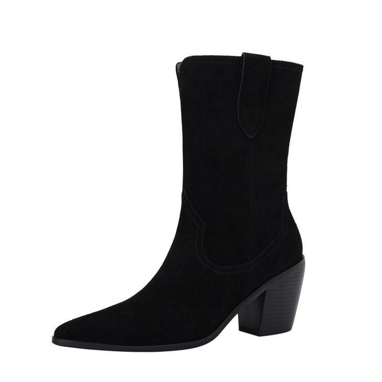 Fashion 2025 New Autumn/winter Women's Boots Pointed Toe Chunky Heel Short Boots Cow Suede Western Boots Shoes for Women High Heels
