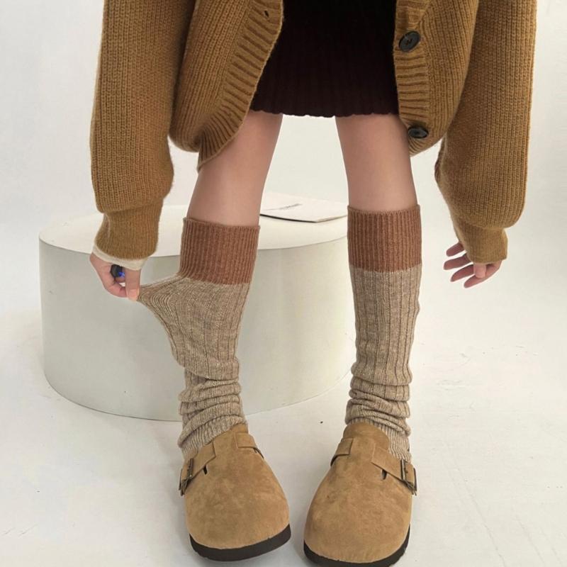 Womens Winter Warm Ribbed Knit Leg Warmers Japanese Style Harajuku Vintage Colorblock Long Boot Socks Thermal Leg Cover