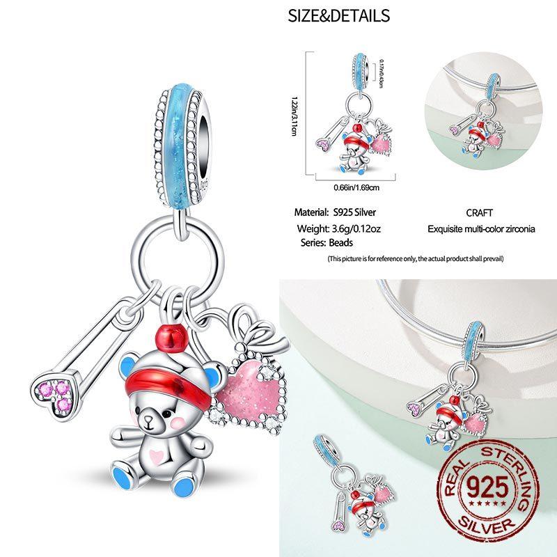 Real Copper Princess Pink Bear Bead Blue Rose Red Bears Pendant Charms Fit Bracelet Neckalce Diy Bithday Gift