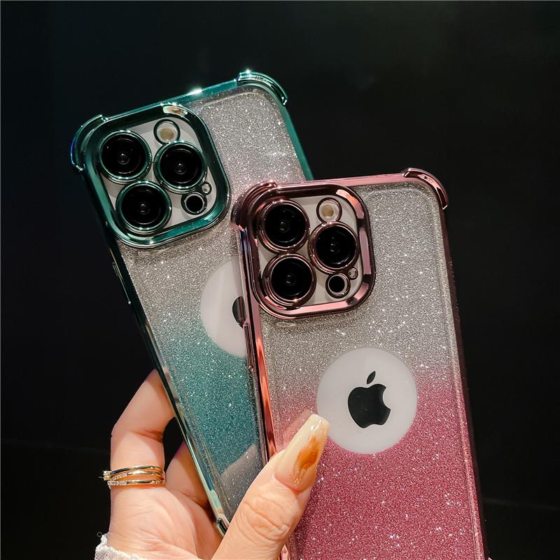 For iPhone 15 Pro Max Luxury Plating Frame Flash Glitter Phone Case For iPhone 11 12 13 14 15 16 Plus Lens Protective Cover