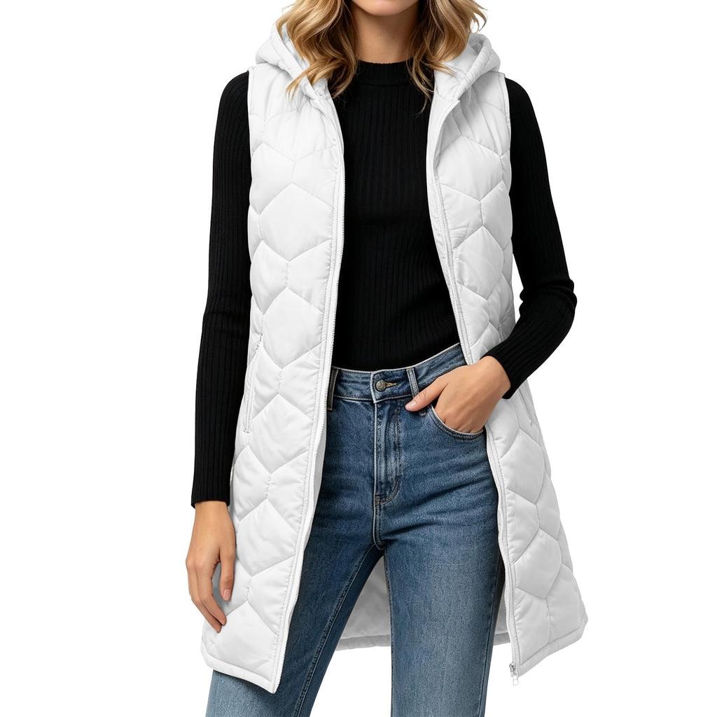 Women's Casual Long Hooded Sleeveless Padded Vest